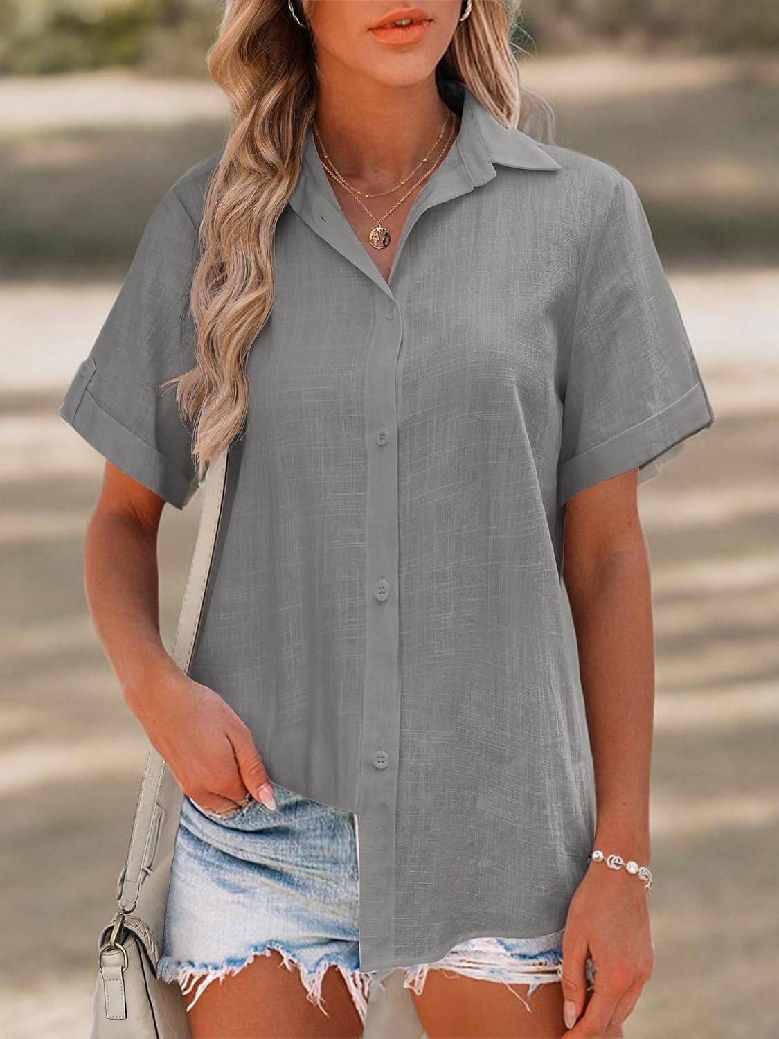 Button Down Shirt Women 2XL  Sleeve Blouses V Neck Collared Button Up Summer Beach Tops